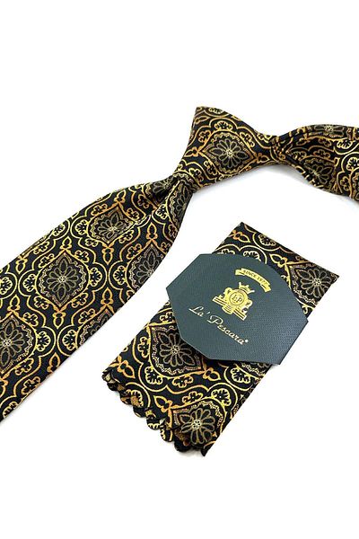 Kravatkolik Black - Yellow Motif Pattern Classic Tie with Handkerchief KK11980