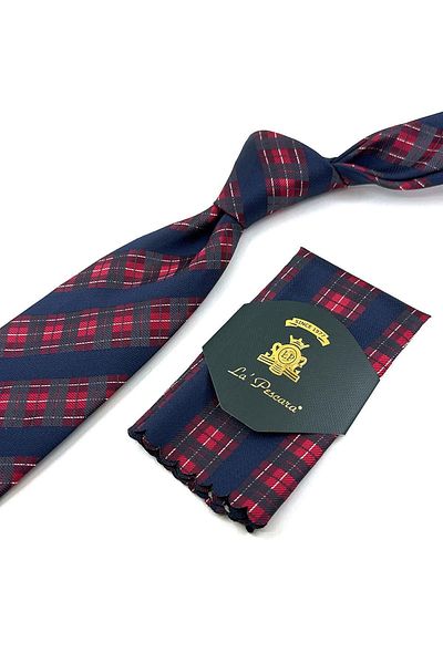 Kravatkolik Navy Blue - Red Plaid Pattern Classic Necktie with Handkerchief KK11984