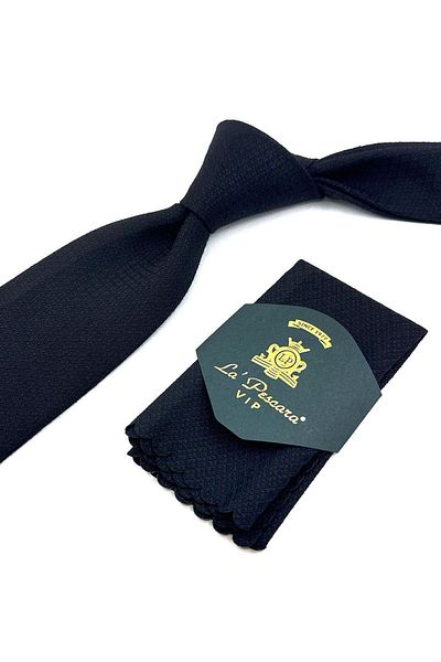 Kravatkolik Black - Brown Small Pattern Classic Wool Tie with Handkerchief KK12144