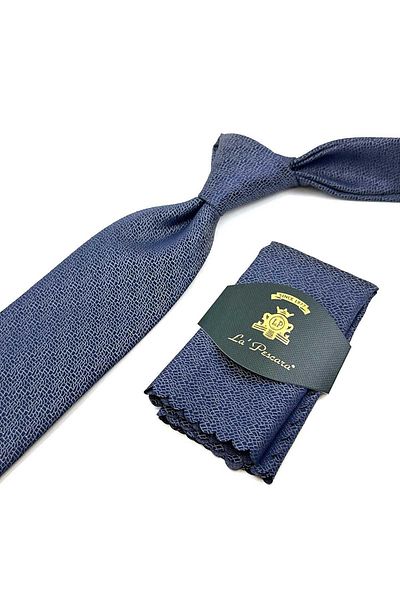 Kravatkolik Gray - Blue Sand Pattern Classic Tie with Handkerchief KK12444