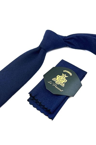 Kravatkolik Navy Blue Plain Pattern Classic Wool Tie with Handkerchief KK12098