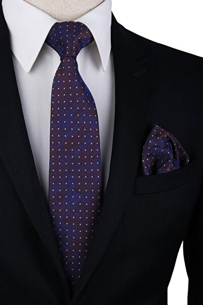 Kravatkolik Мъжка кафява и тъмносиня кърпичка с точки Класическа вратовръзка Kk10048