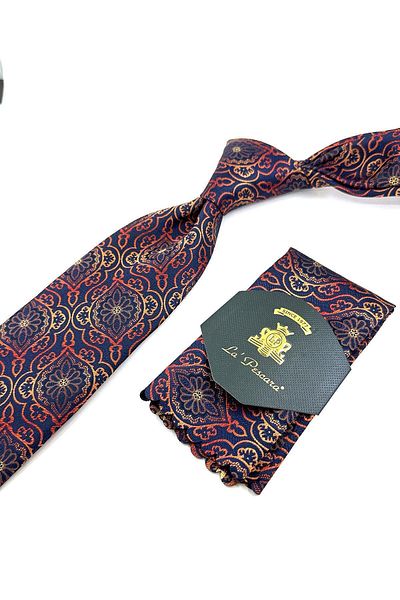 Kravatkolik Navy Blue - Orange Motif Pattern Classic Necktie with Handkerchief KK11976