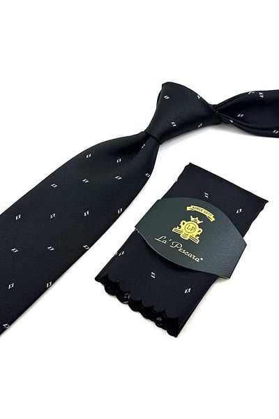 Kravatkolik Black Small Pattern Classic Tie with Handkerchief KK12463