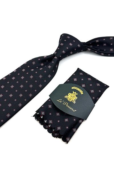 Kravatkolik Black Small Pattern Classic Tie with Handkerchief KK12277