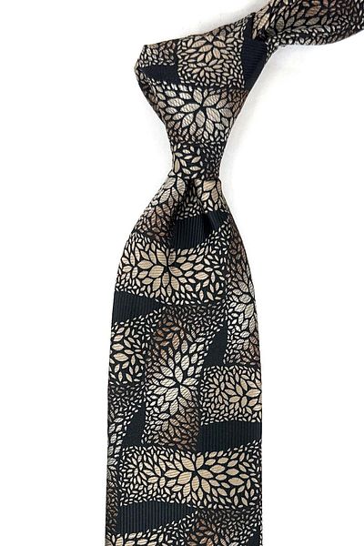 Kravatkolik Black - Brown Motif Pattern Classic Tie with Handkerchief KK12057