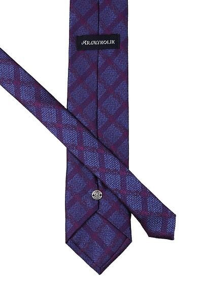 Kravatkolik Men's Plum Blue Plaid Pattern Classic Necktie with Handkerchief Kk10223