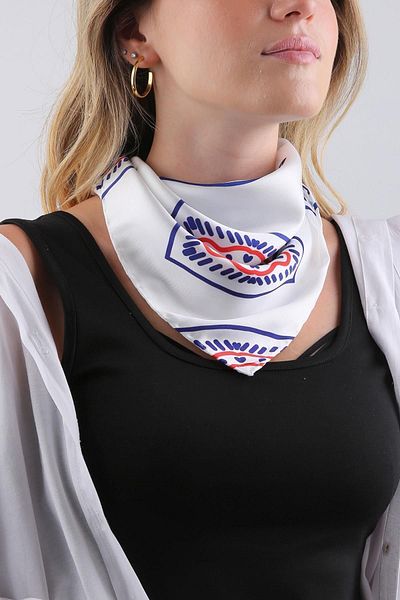 La Pescara White Motif Pattern Scarf Bandana 55-55 cm KDNF09