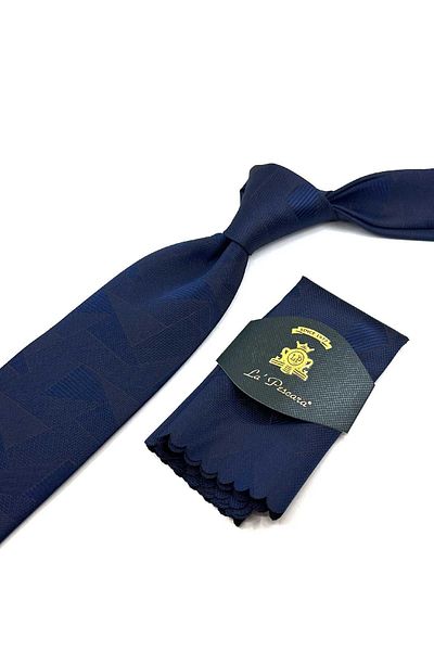 Kravatkolik Navy Blue Motif Pattern Classic Necktie with Handkerchief KK12289