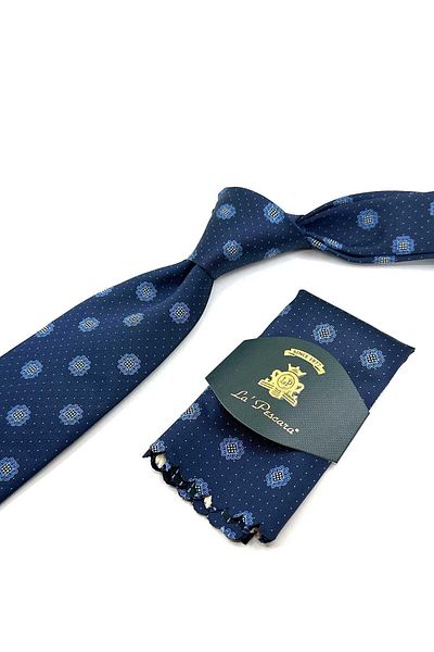 Kravatkolik Classic Navy Blue Motif Patterned Handkerchief Tie - KK12307