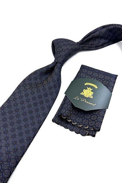 Kravatkolik Navy Blue Tie with Handkerchief - Dot Pattern, Classic KK12725