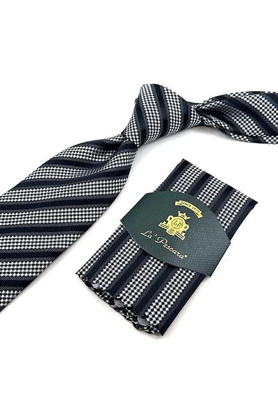 Kravatkolik Black - Gray Line Pattern Classic Necktie with Handkerchief KK12317