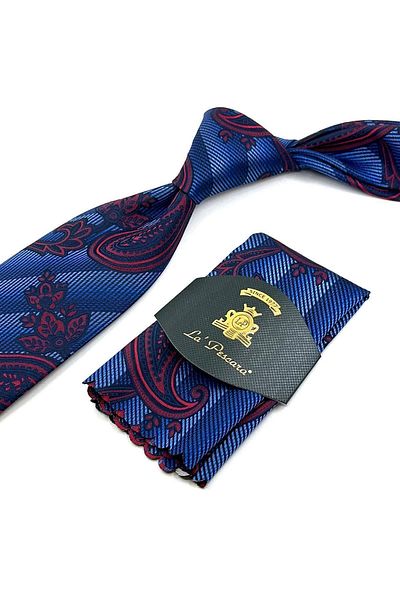 Kravatkolik Classic Tie with Blue Shawl Pattern Handkerchief KK12044