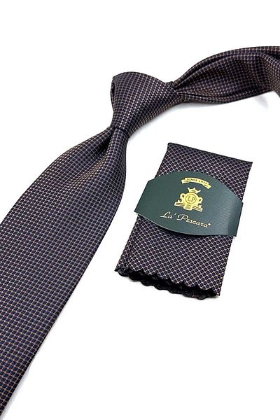 Kravatkolik Patterned Brown Necktie with Handkerchief - KK12565