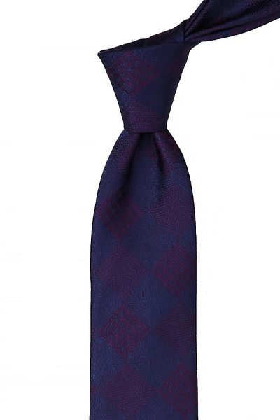 Kravatkolik Plum - Navy Blue Plaid Pattern Classic Necktie with Handkerchief Kk10455