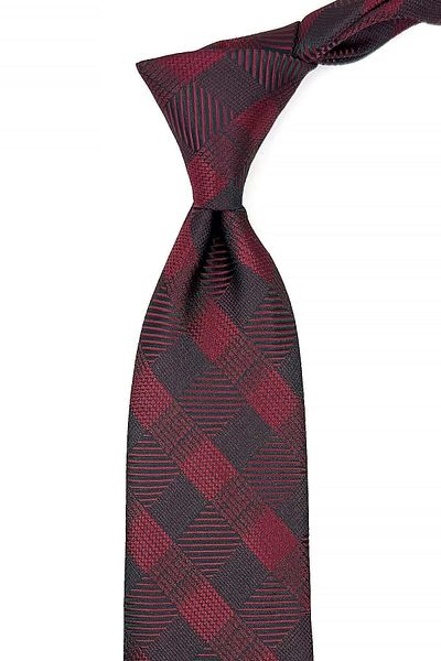 Kravatkolik Claret Red - Green Plaid Pattern Classic Tie with Handkerchief Kk11078
