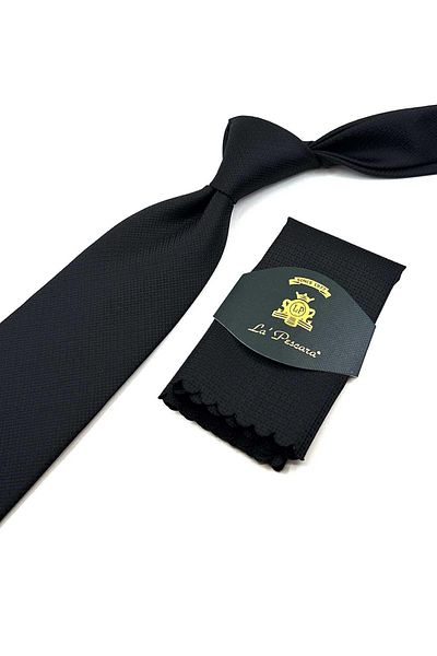 Kravatkolik Classic Tie with Black Dot Pattern Handkerchief KK12502