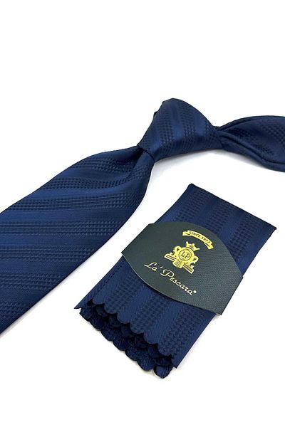 Kravatkolik Navy Blue Line Pattern Classic Necktie with Handkerchief KK12318