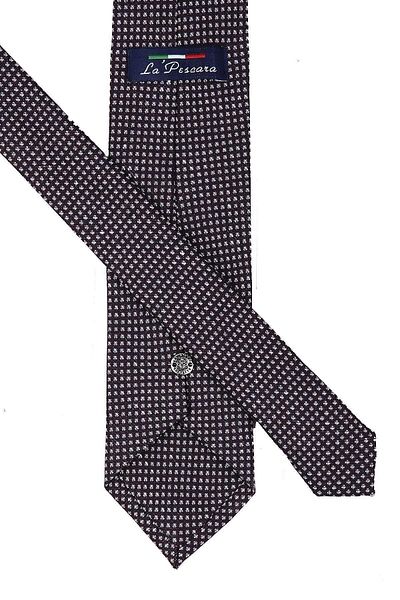 Kravatkolik Brown - Navy Small Pattern Classic Linen Tie with Handkerchief Kk9160