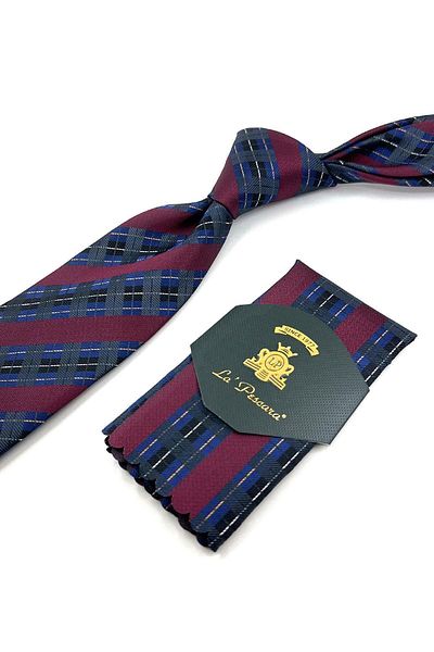 Kravatkolik Navy Blue - Claret Red Plaid Pattern Classic Necktie with Handkerchief KK11986