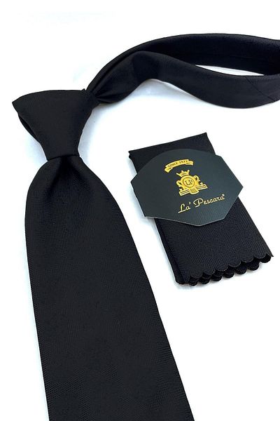 Kravatkolik Black Motif Pattern Classic Tie with Handkerchief Kk10972