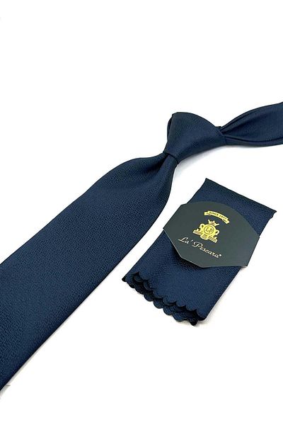 Kravatkolik Navy Blue - Green Sand Pattern Classic Necktie with Handkerchief KK12445