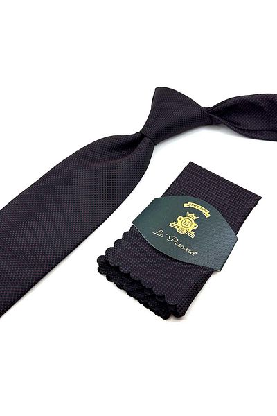 Kravatkolik Classic Tie with Black Dot Pattern Handkerchief KK12404