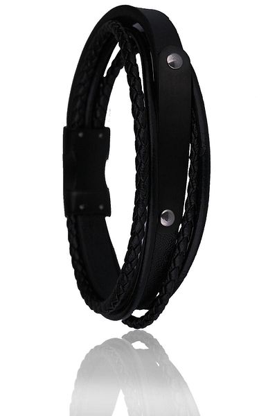 Kravatkolik Black Leather Steel Men's Bracelet Blk1521