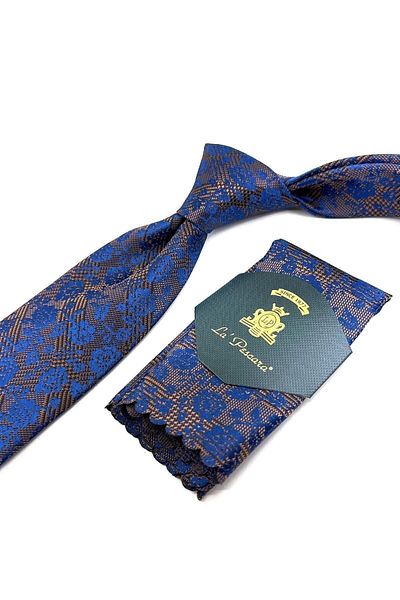 Kravatkolik Brown - Blue Flower Pattern Classic Tie with Handkerchief Kk11180