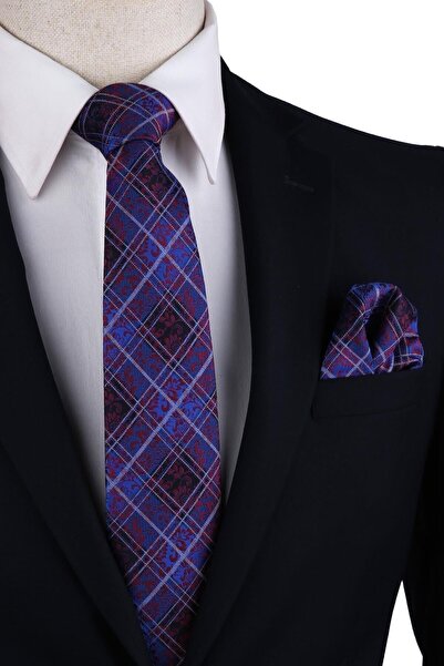 Kravatkolik Cravată clasică batistă cu model în carouri albastre pentru bărbați Kk10585