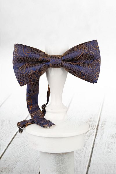 Kravatkolik Men's Yellow Navy Blue Shawl Pattern Bow Tie P846