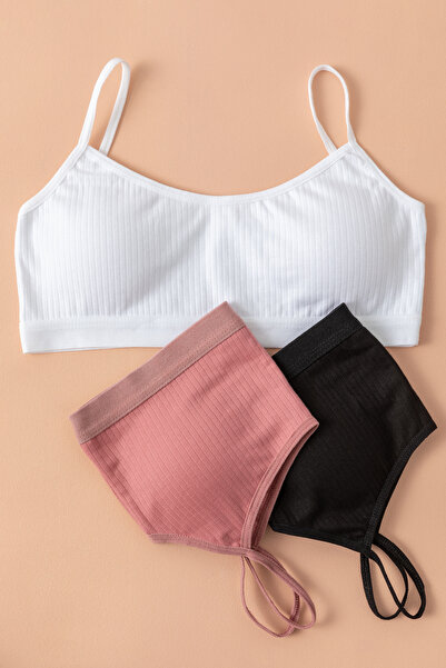 lidya lingerie Kadın Siyah Beyaz Gül Kurusu 3 Lü Fitilli Ip Askılı Çıkarılabilir Pedli Yarım Atlet