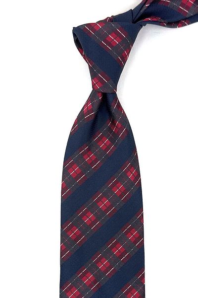 Kravatkolik Navy Blue - Red Plaid Pattern Classic Necktie with Handkerchief KK11984