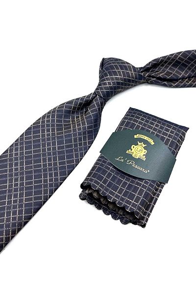 Kravatkolik KK12591 Model - Brown Square Patterned Classic Tie with Handkerchief