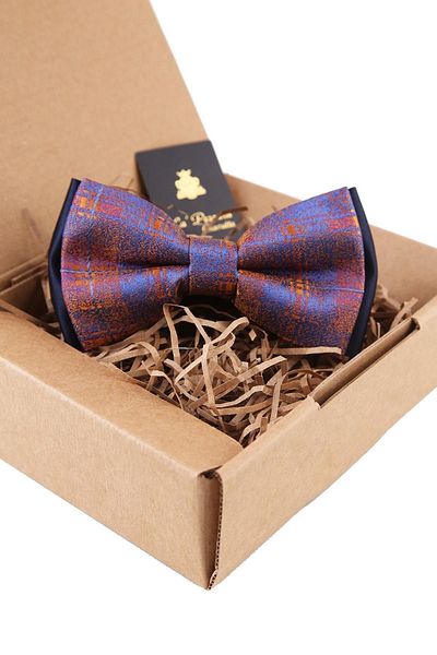 Kravatkolik Men's Saffron - Blue Plaid Pattern Bow Tie P1477