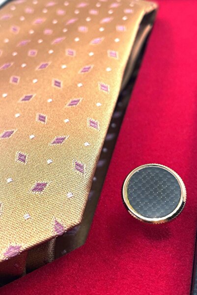 Kravatkolik Μπεζ ιταλική μεταξωτή γραβάτα με ατσάλινα μανικετόκουμπα Ανδρικό σετ δώρου Sks03