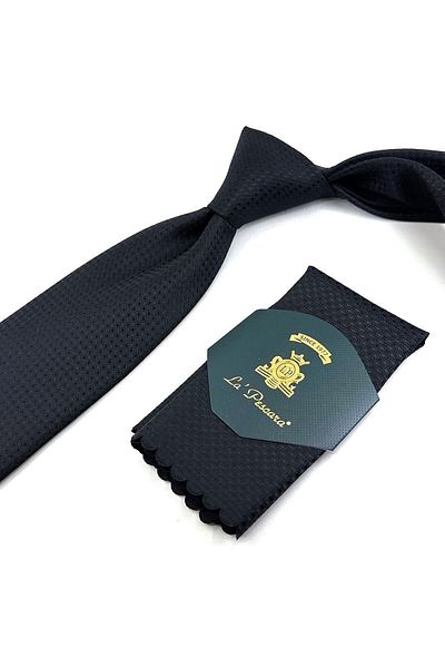 Kravatkolik Black Classic Tie with Self Pattern Handkerchief Kk11173