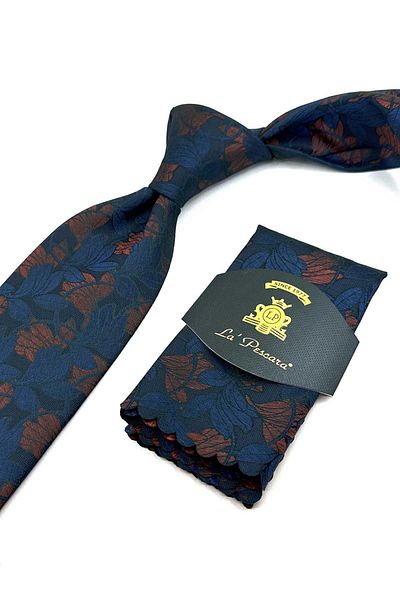 Kravatkolik Green - Brown Flower Pattern Classic Necktie with Handkerchief KK12237