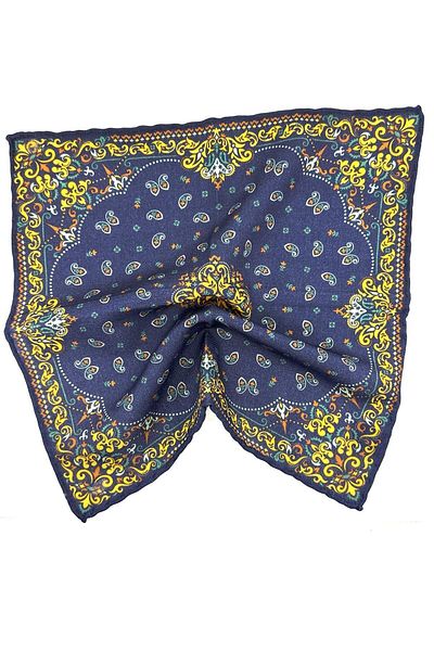 Kravatkolik Navy Blue - Yellow Hand Stitched Italian Wool Pocket Handkerchief WL03
