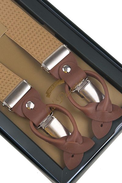 Kravatkolik Beige Leather Connected Button Hole Jacquard Trouser Strap PAN170