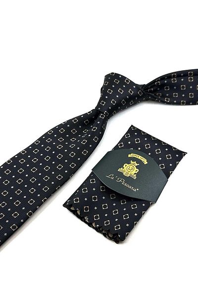 Kravatkolik Black Small Pattern Classic Tie with Handkerchief KK12515