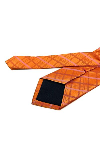Kravatkolik Kenmore Style Orange Plaid Pattern Italian Silk Tie İK1569