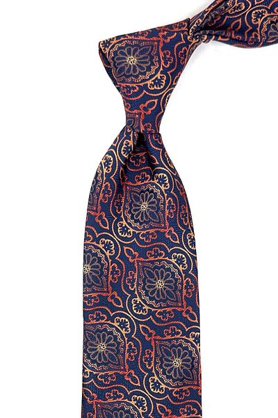 Kravatkolik Navy Blue - Orange Motif Pattern Classic Necktie with Handkerchief KK11976