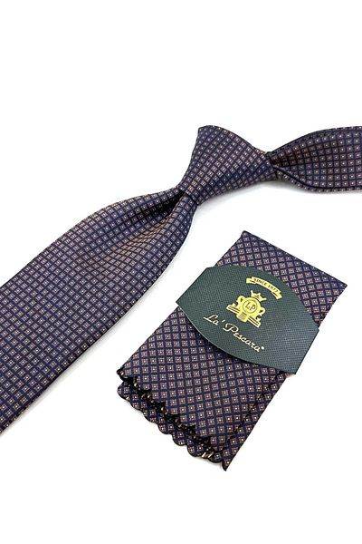 Kravatkolik Beige - Navy Blue Small Pattern Classic Necktie with Handkerchief KK12382