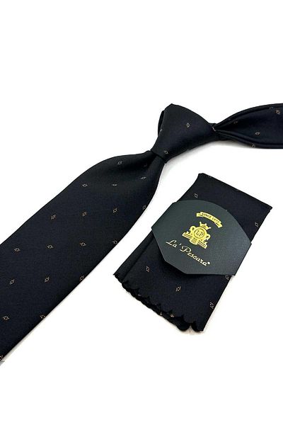 Kravatkolik Black Small Pattern Classic Tie with Handkerchief KK12465