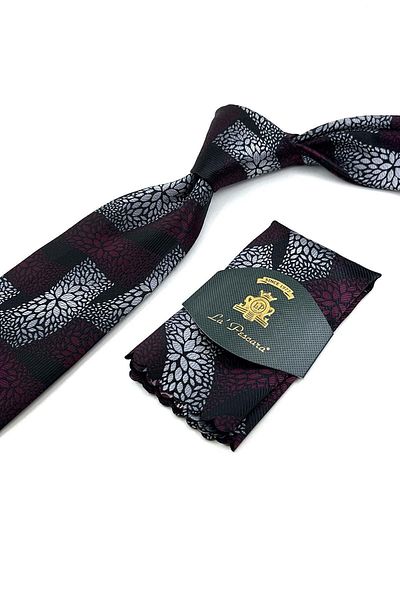 Kravatkolik Black Motif Pattern Classic Tie with Handkerchief KK12052
