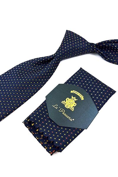 Kravatkolik Navy Blue Dot Pattern Classic Tie with Handkerchief Kk11397