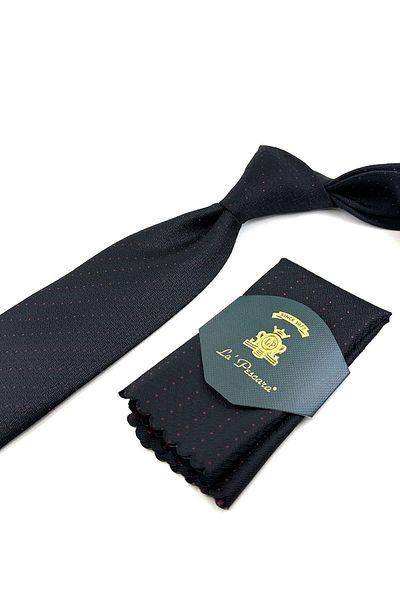 Kravatkolik Classic Tie with Black Dot Pattern Handkerchief Kk11197