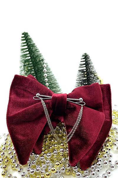 Kravatkolik Claret Red Velvet Large Bow Tie with Silver Color Chain P1408
