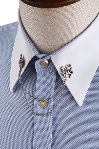 Kravatkolik Yaprak Motifli Gümüş Renk Taşlı Gömlek Yaka Zinciri GI233